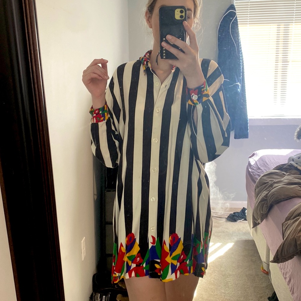 Maternity black and white striped button up with colored collar and cuffs.